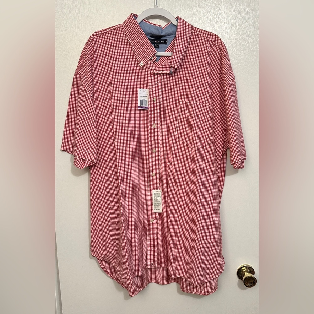 Tommy Hilfiger Red and White Gingham Short Sleeve Button Down Shirt, Mens XXL